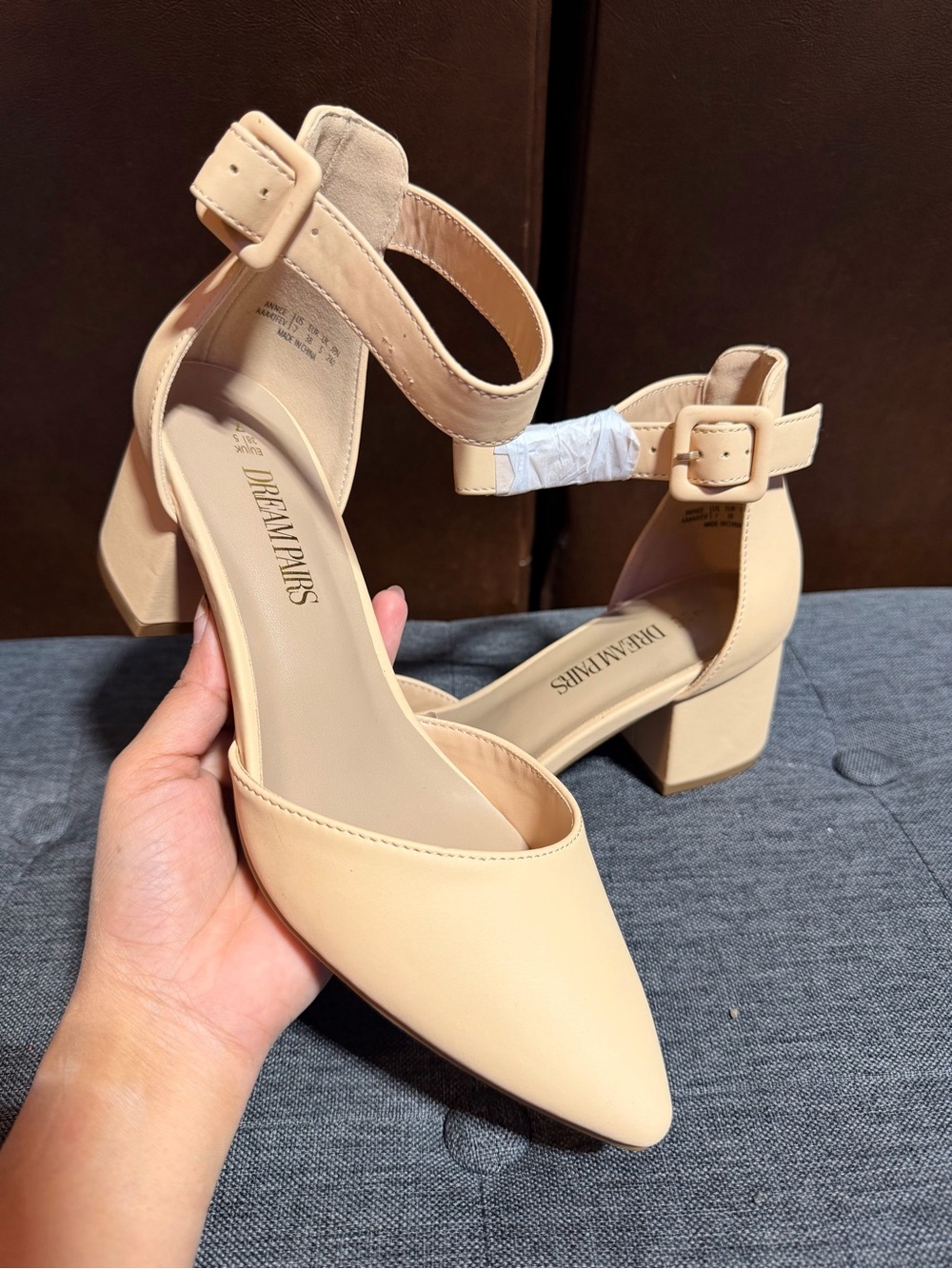 Dream Pairs Beige Ankle-Strap Pointed Toe Block Heels